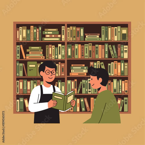 Two People Reading Books in Library.