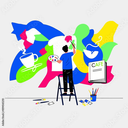 Artist Painting on Easel with Brushes.