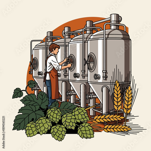 Brewery Worker Inspecting Beer Brewing Equipment.
