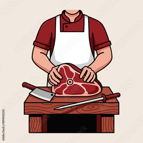 Butcher Preparing Raw Meat for Cutting.