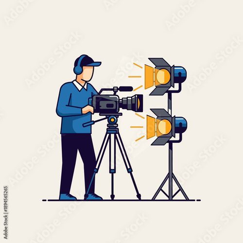 Cameraman Operating Camera with Studio Lights.