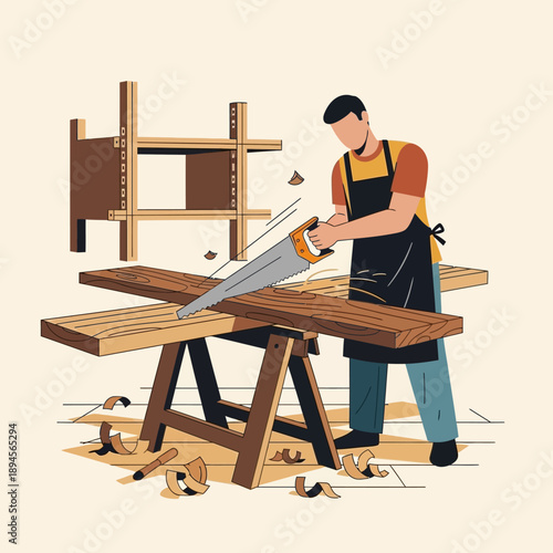 Carpenter Sawing Wood on Workbench.