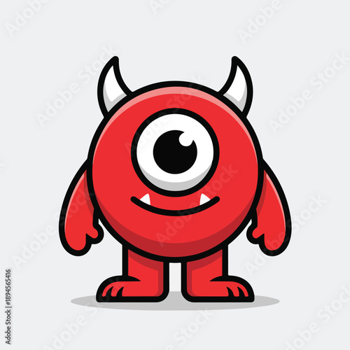 Cute red one-eyed monster character cartoon illustration standing with a friendly smile on a plain background.