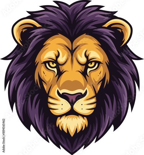 Dynamic golden lion head illustration with a dark mane, exuding power and intensity