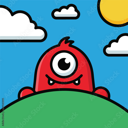 Friendly Red Monster Peeking Over Green Hill on a Sunny Day with Clouds - Cartoon Illustration