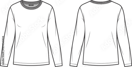 Front and back flat sketch of a long-sleeved t-shirt with crew neck on white background Keywords: t-shirt, long sleeve t-shirt