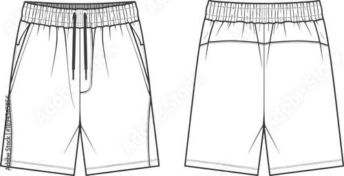 Front and back flat sketch of casual elastic waist shorts with drawstring on white background Keywords: shorts, casual shorts