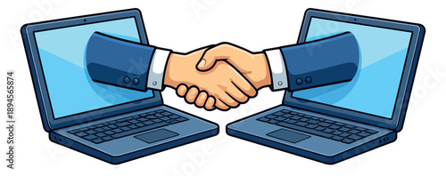 Colorful illustration of a digital handshake depicting online agreement for virtual business