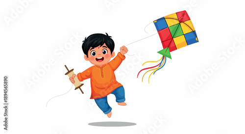 A cheerful young boy runs while flying a colorful kite against a clean white background with a joyful mood.
