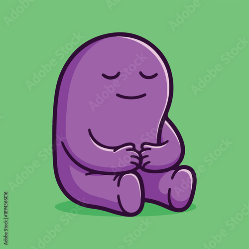 Purple cartoon character meditating peacefully with eyes closed, expressing calm emotion