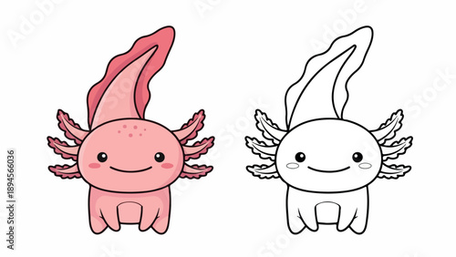 A colorful illustration of two smiling axolotls, one pink and one outlined in black, on a clean white background.