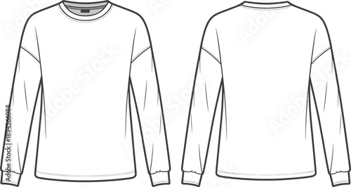 Front and Back View of a White Long- Sleeved T- Shirt Flat Sketch Keywords: t-shirt, long sleeve, apparel, clothing, fashion