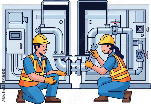Two technicians in safety gear working together on industrial pipes and machinery, collaborating in a factory environment from a slight overhead viewpoint