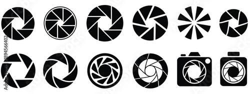 Camera Aperture and Lens Diaphragm Icon Collection, Vector Illustration Set for Photography Applications, Camera Interfaces, Optical Settings, and Creative Visual Design Projects.