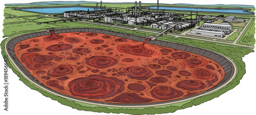 Aerial view of an industrial site with circular patterns and structures