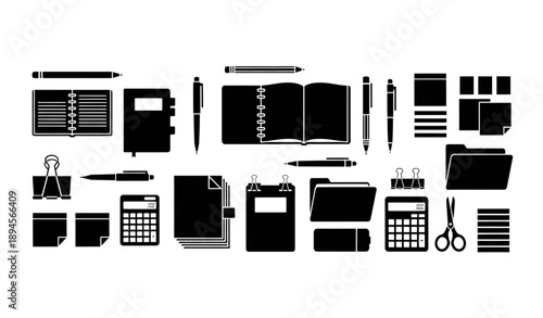 Minimal Stationery Tools Flat Silhouette Icons Vector Pack