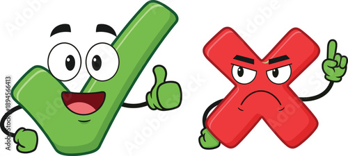 Happy Thumbs Up Check Mark and Angry X Mark on White Background illustration vector