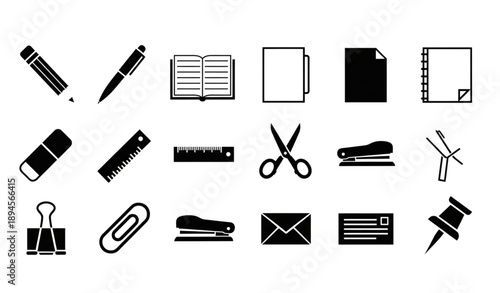 Stationery Flat Silhouette Icon Set for Office and School Supplies