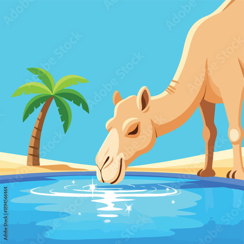 Thirsty Desert Camel Refreshing Itself by Drinking Water from a Blue Oasis with Palm Tree