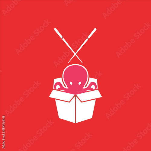 Stylized Octopus Takeaway Meal Illustration with Crossed Chopsticks on Red Background