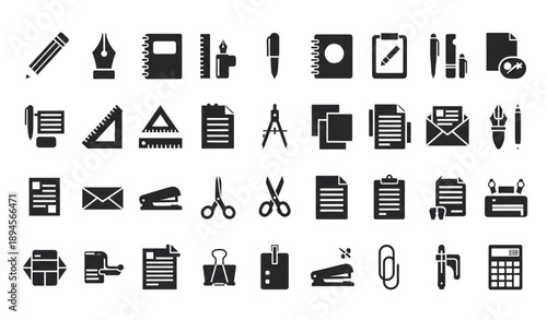 Creative Stationery Flat Silhouette Vector Icon Collection