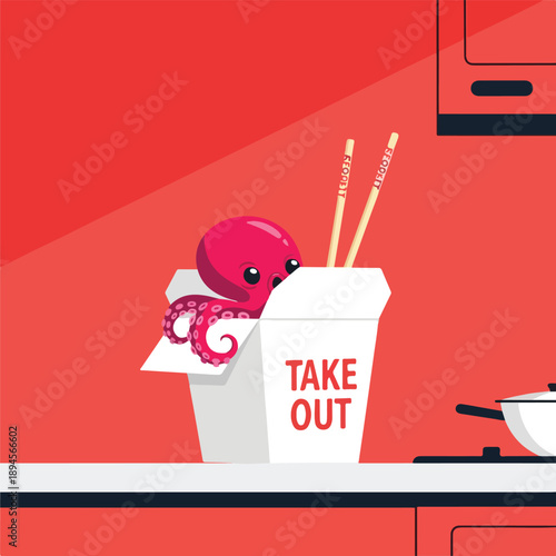Adorable octopus peeking from a takeout box in a modern kitchen, vibrant illustration style