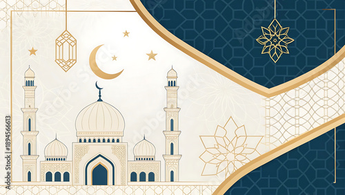 Elegant islamic mosque design with crescent moon and lanterns
