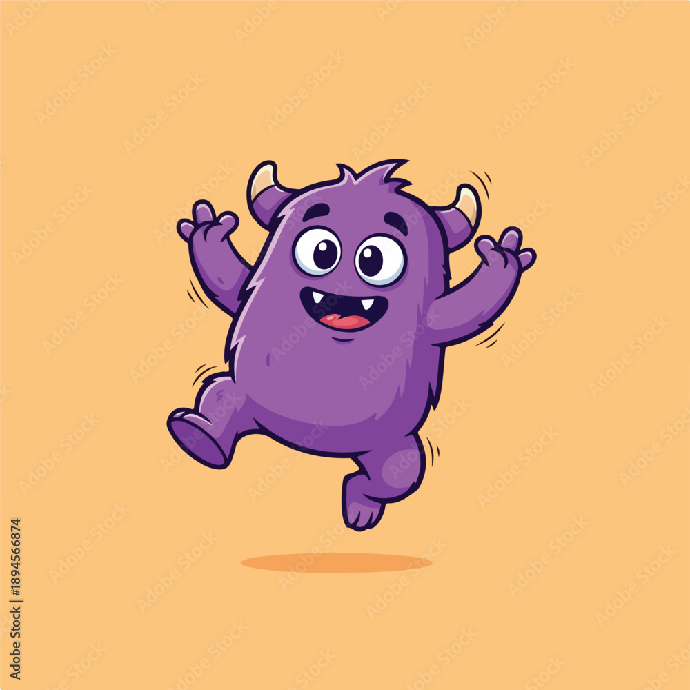 Fototapeta premium Vibrant Animated Purple Monster Character Joyfully Jumping with Arms Raised on a Bright Background