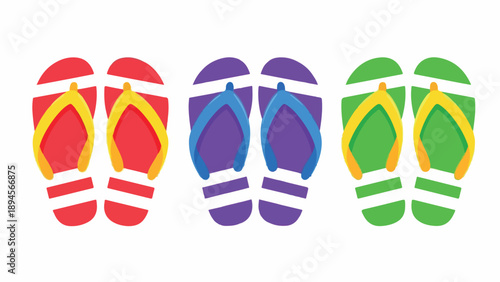 Colorful flat lay of three pairs of flip flops in red, purple and green on a white background.