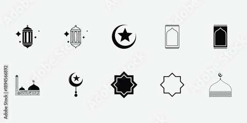 silhouette Eid islamic icons set. festival, celebration, mosque, Quran, crescent moon. vector illustration