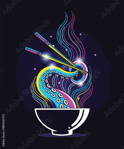 Vibrant Octopus Tentacle Emerging from a Cosmic Bowl with Chopsticks, Pixel Art Style