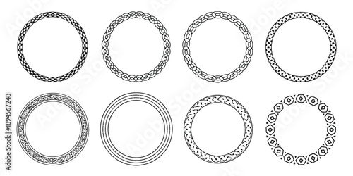 Celtic Circle Frames Vector Set, Vintage Round Border Frames with Celtic Knots and Knotted Braid Ornaments, Northern Irish Motifs, and Circular Magical Pattern Designs.