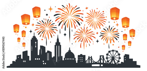 Festive illustration of a city skyline with fireworks and sky lanterns depicting a night celebration for events and holidays