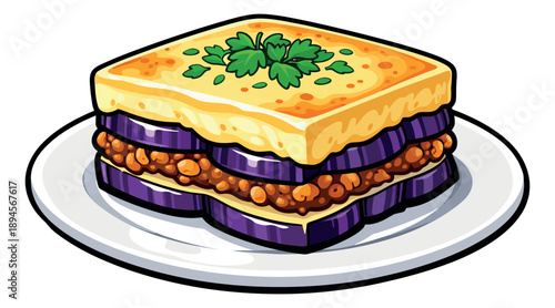 Colorful line art illustration of moussaka depicting a traditional Greek dish served on a plate for a food menu design