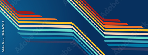 Dynamic retro-style composition featuring colorful parallel diagonal lines on a dark blue gradient background with a vintage tech vibe
