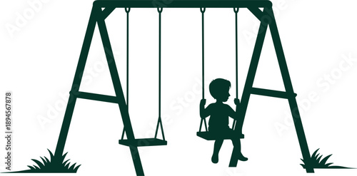 Silhouette of Child on Swing Set with Green Grass Detail on White Background playground playing