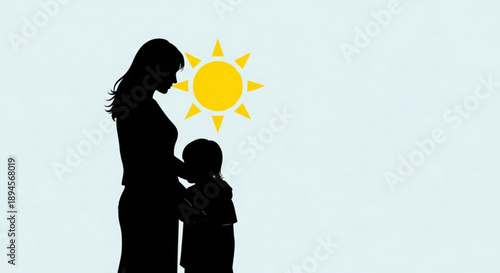 Mother and Child Silhouette against Yellow Sun on White Background