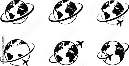 Six black and white icons of globes with orbiting rings and airplanes earth world