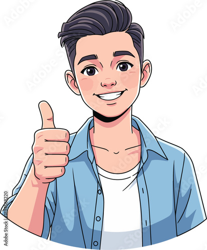 Happy young man with styled dark hair in a blue shirt giving a thumbsup gesture.