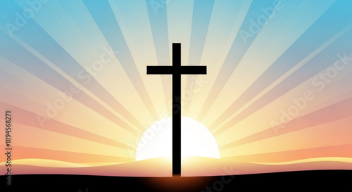 A majestic cross stands tall against a vibrant sunrise landscape with radiant rays and serene atmosphere