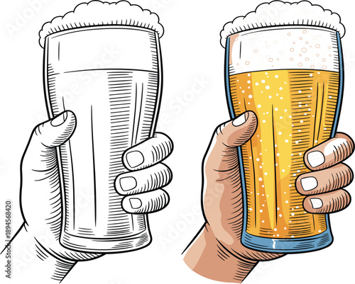 Hand holding glass of cold beer with foam, craft brewery vector, pub alcohol beverage