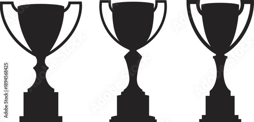 Three black silhouette trophy cups on a white background Keywords: trophy, cup, award, winner, champion, competition, success