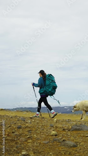 Solo hiker with backpack and trekking poles walking across barren rocky landscape accompanied by dog under cloudy sky in remote outdoor wilderness