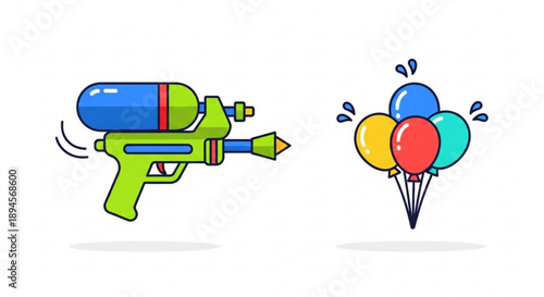 Colorful Water Gun Shooting at Balloons on White Background
