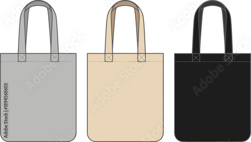 Three tote bags in gray beige and black with stitched handles and seams handbag shopping bag
