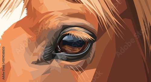 Close-up vector illustration of a majestic horse's expressive eye, capturing the intricate details of its warm brown fur and graceful mane in a vibrant, artistic style