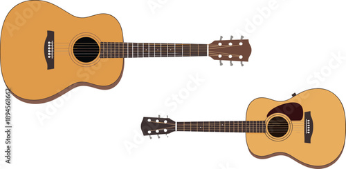 Two Acoustic Guitars, One Larger Than the Other, on White Background Keywords: acoustic guitar, musical instrument, string