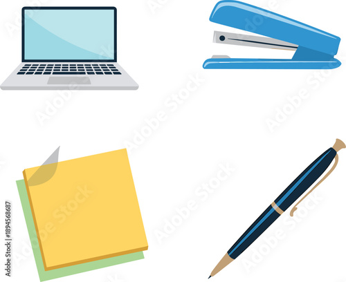 Office Supplies: Laptop, Stapler, Sticky Notes, Pen on White Background stationery computer