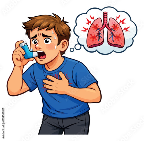 Cartoon illustration of a young man depicting an asthma attack and inflamed lungs for respiratory health