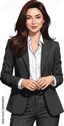 Professional businesswoman in a dark suit with long wavy hair posing with a gentle smile.